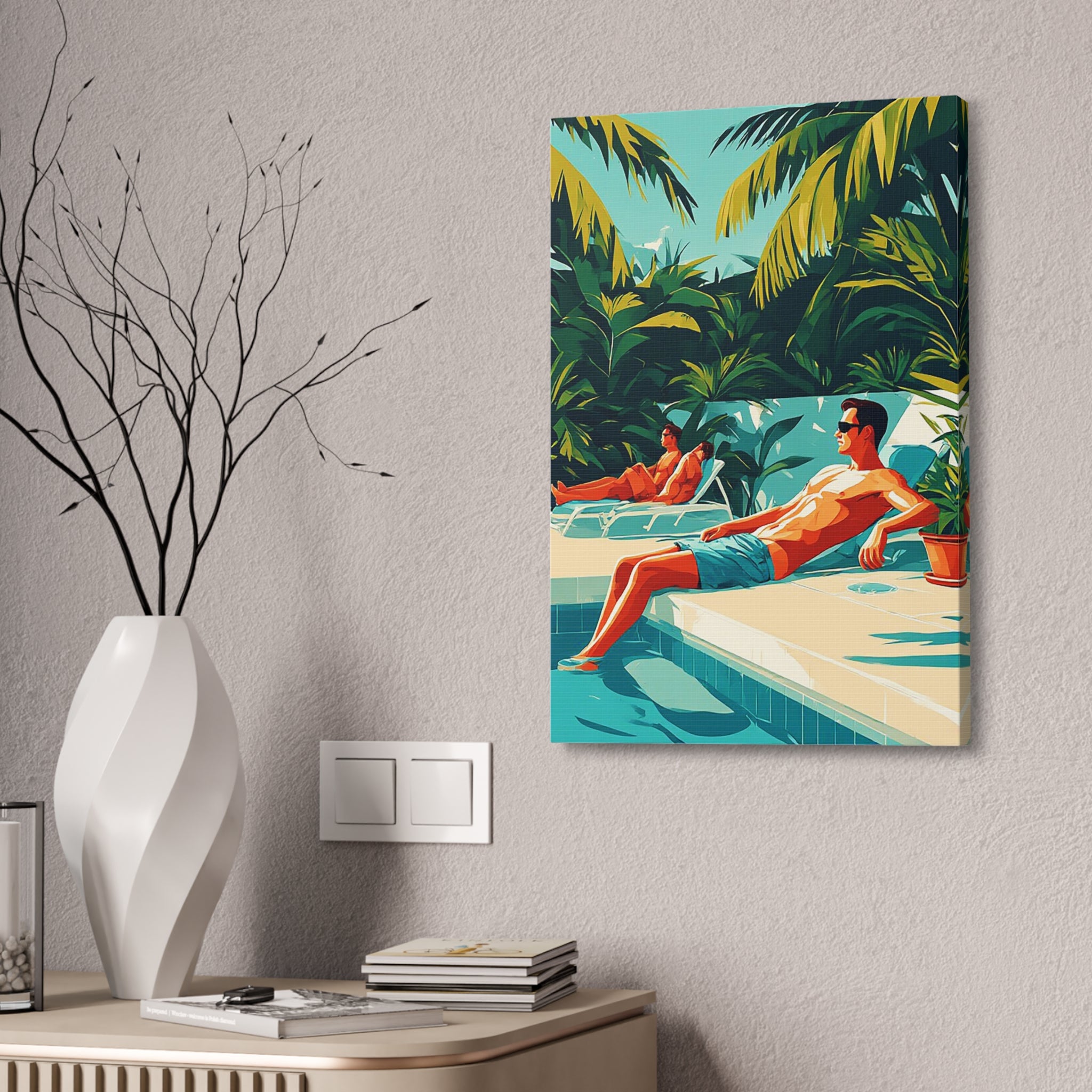Tropical Poolside Canvas Art – Retro Sunbathers Wall Decor
