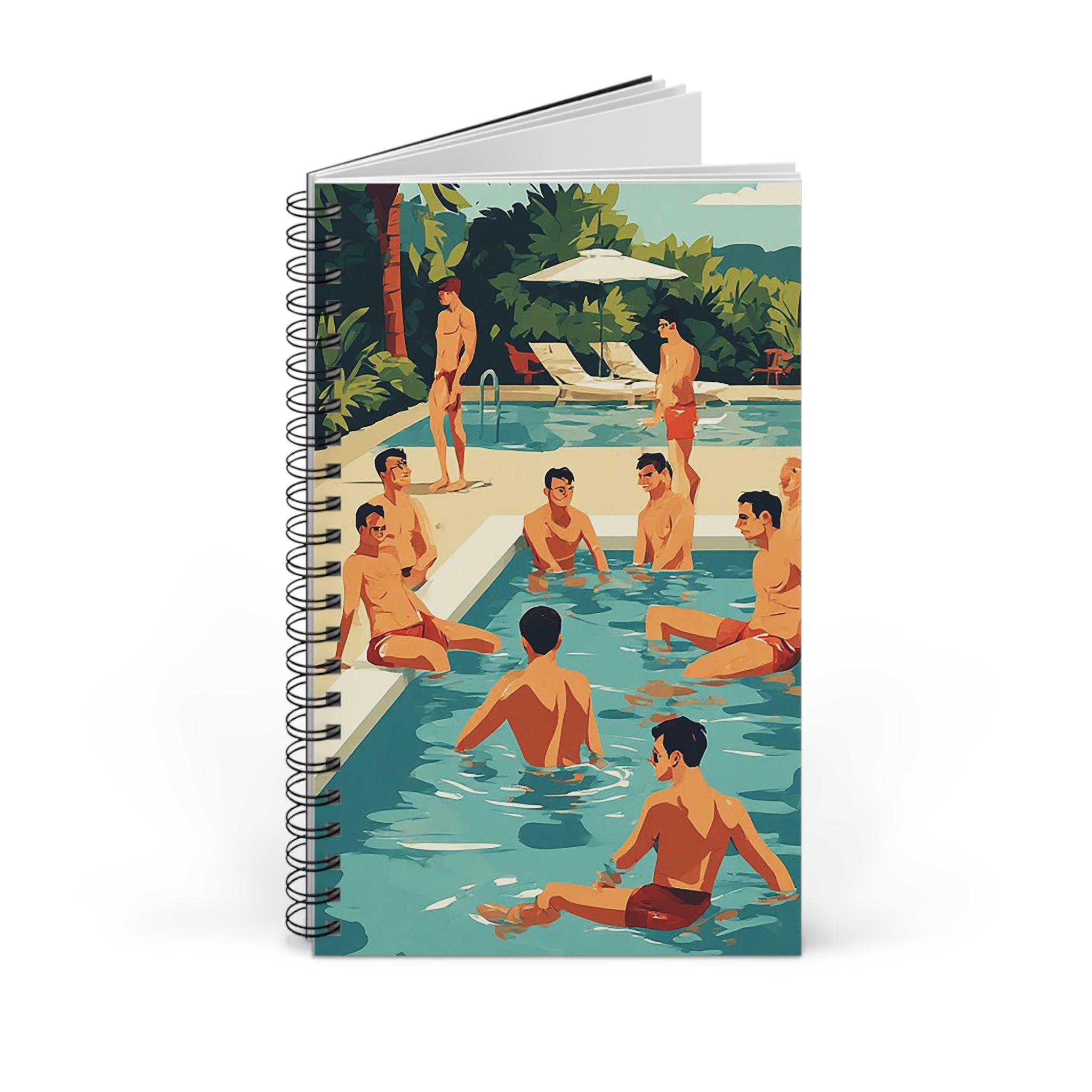 Poolside Retro Spiral Journal — Vintage Men at Pool Cover, Travel & Summer Notebook
