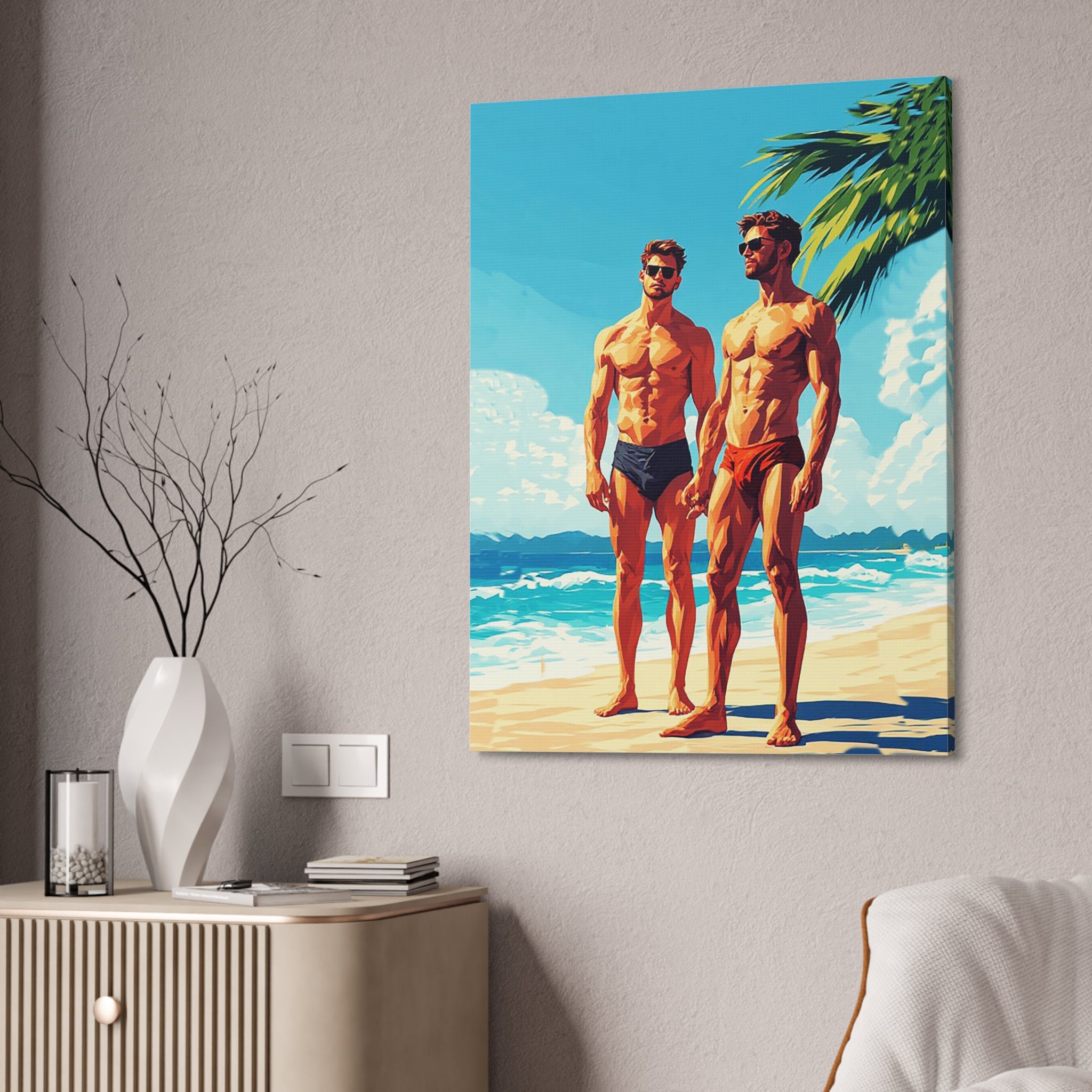 Beach Muscle Poster Canvas — Two Men Summer Swim Art (Stretched 1.5")