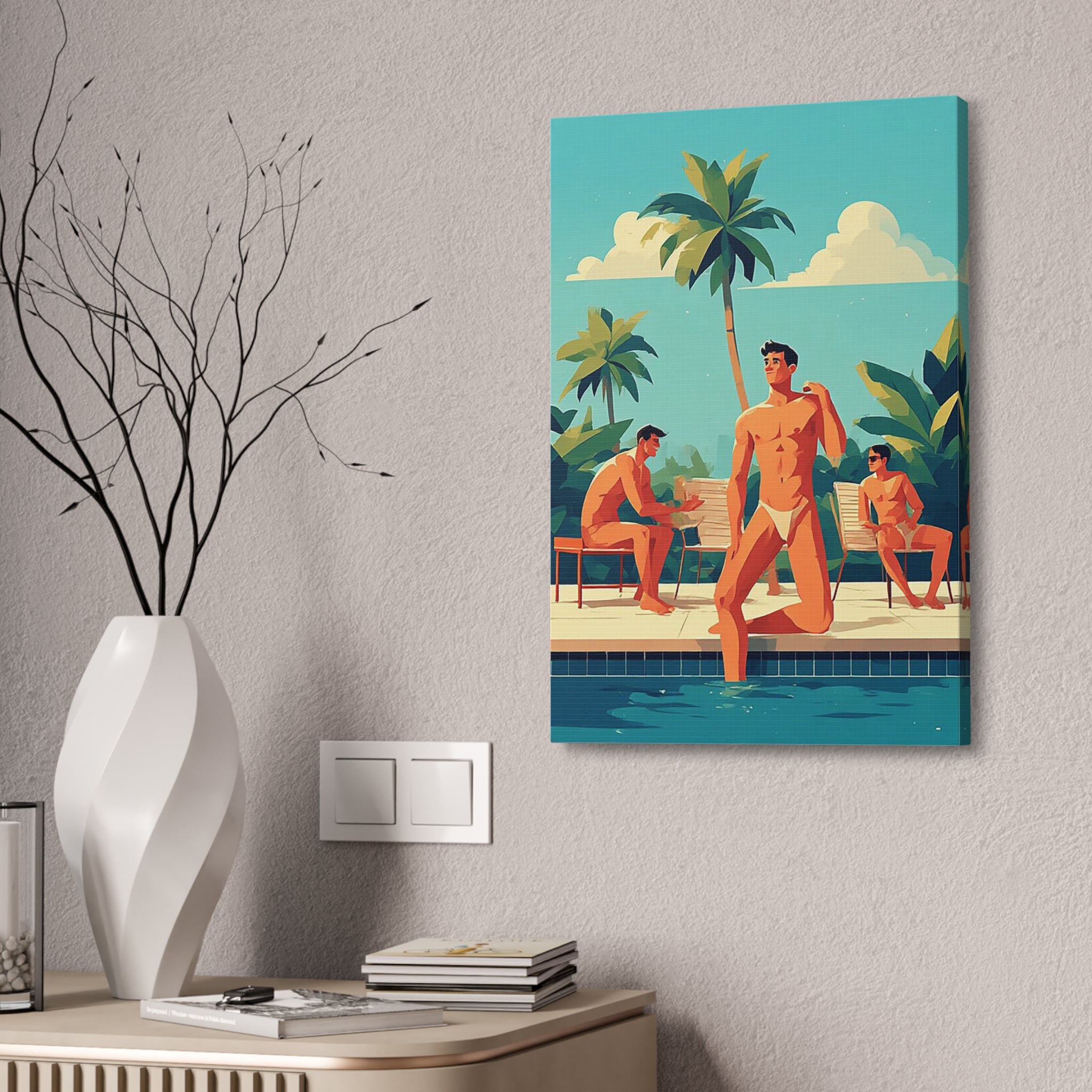 Tropical Poolside Canvas Print — Retro Men at Pool Art